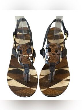 Tory Burch Miller Block Heel Sandals Geometric‎ Print 7.5